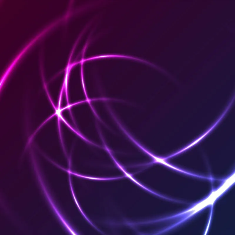 Onde di luce neon viola e blu intrecciate che simboleggiano energia, rete e flusso di dati