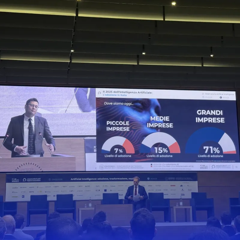 immagine relatore che parla ad una platea di persone, presentando una slide con i dati dell'adozione dell'ai nelle aziende italiane